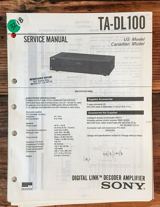 Sony TA-DL100 Amplifier  Service Manual *Original*