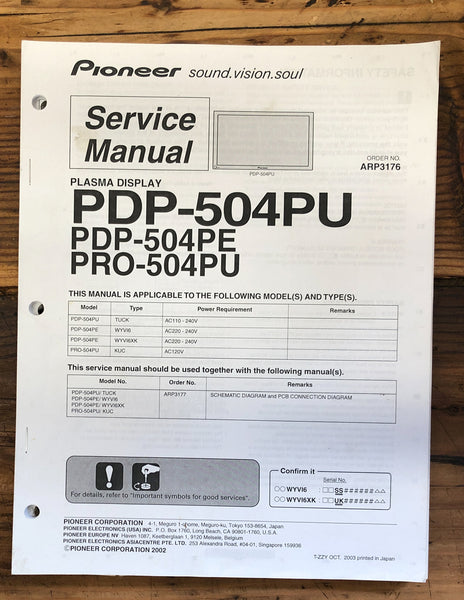 Pioneer PDP-504PU PDP-504PE PRO-504PU Display  Service Manual *Original*