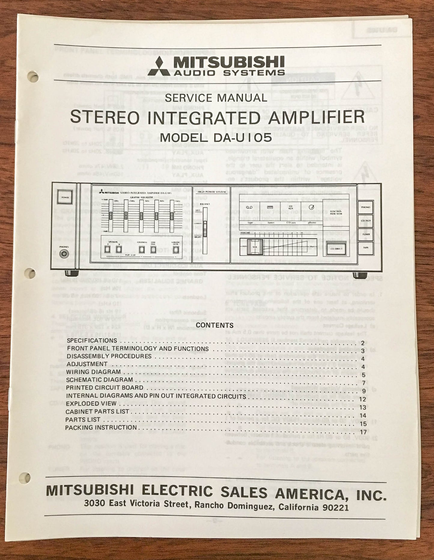 Mitsubishi DA-U105 Stereo Amplifier Service Manual *Original* #1