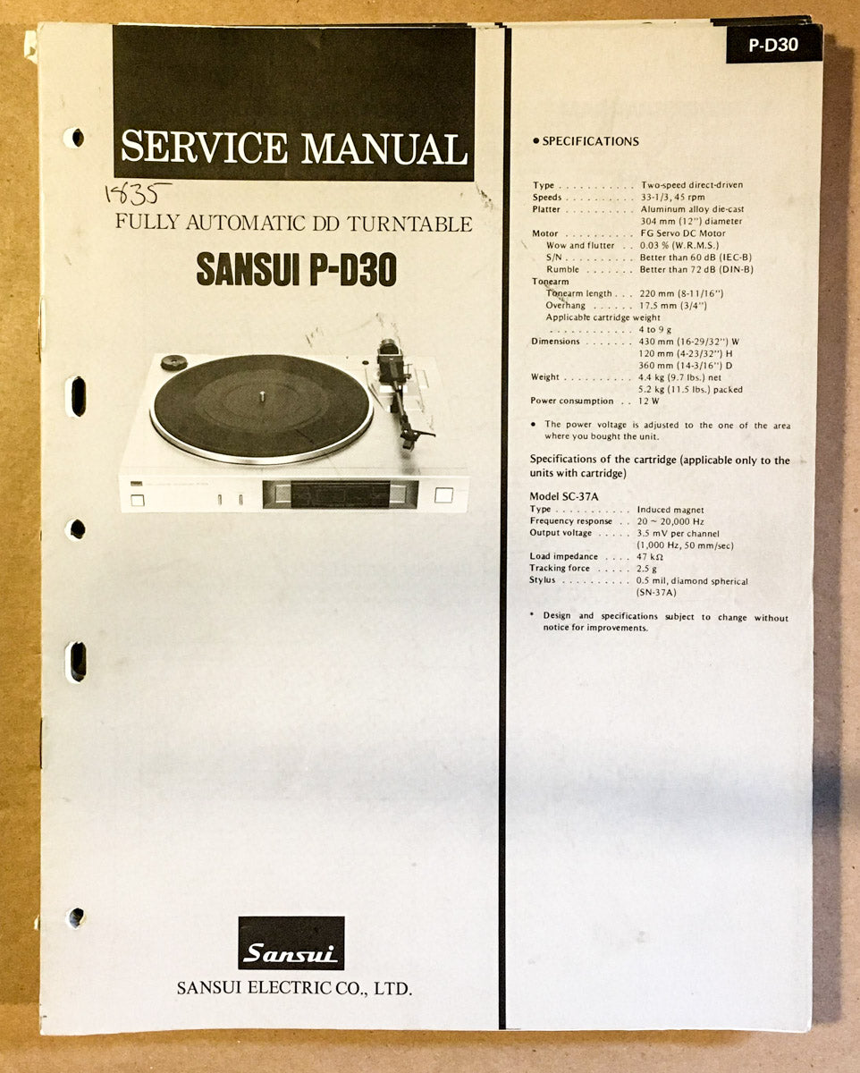 Sansui P-D30 Record Player / Turntable  Service Manual *Original*