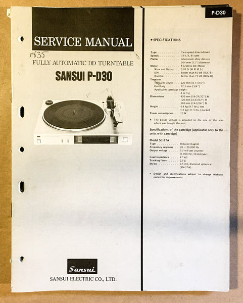 Sansui P-D30 Record Player / Turntable  Service Manual *Original*