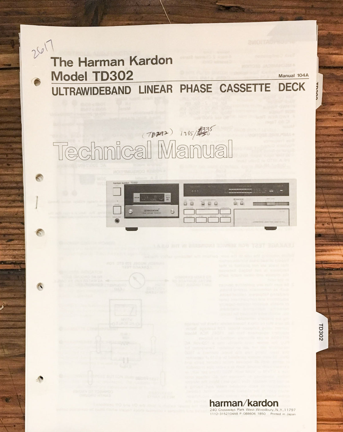 Harman Kardon TD302 Cassette  Service Manual *Original*