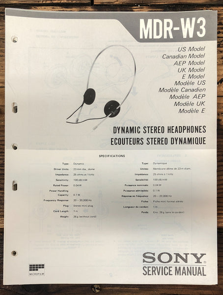 Sony MDR-W3 Headphones  Service Manual *Original*