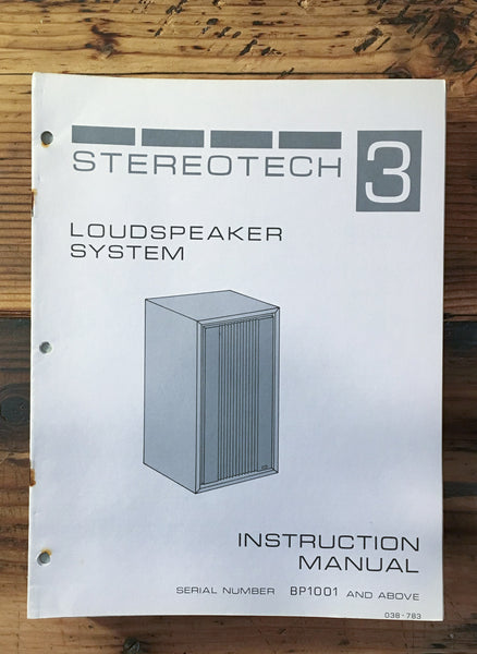 Stereotech Model 3 Speaker Service Manual *Original*