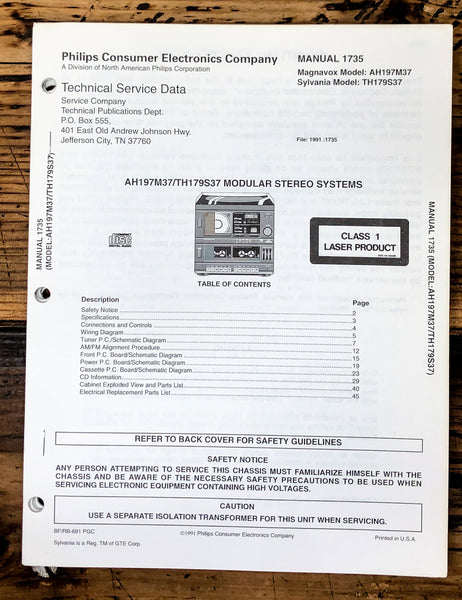 Magnavox Sylvania AH197 M37 TH-179 S37 Stereo Service Manual Supp. *Original*