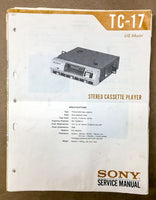 Sony TC-17 Cassette Tape Player Service Manual *Original*