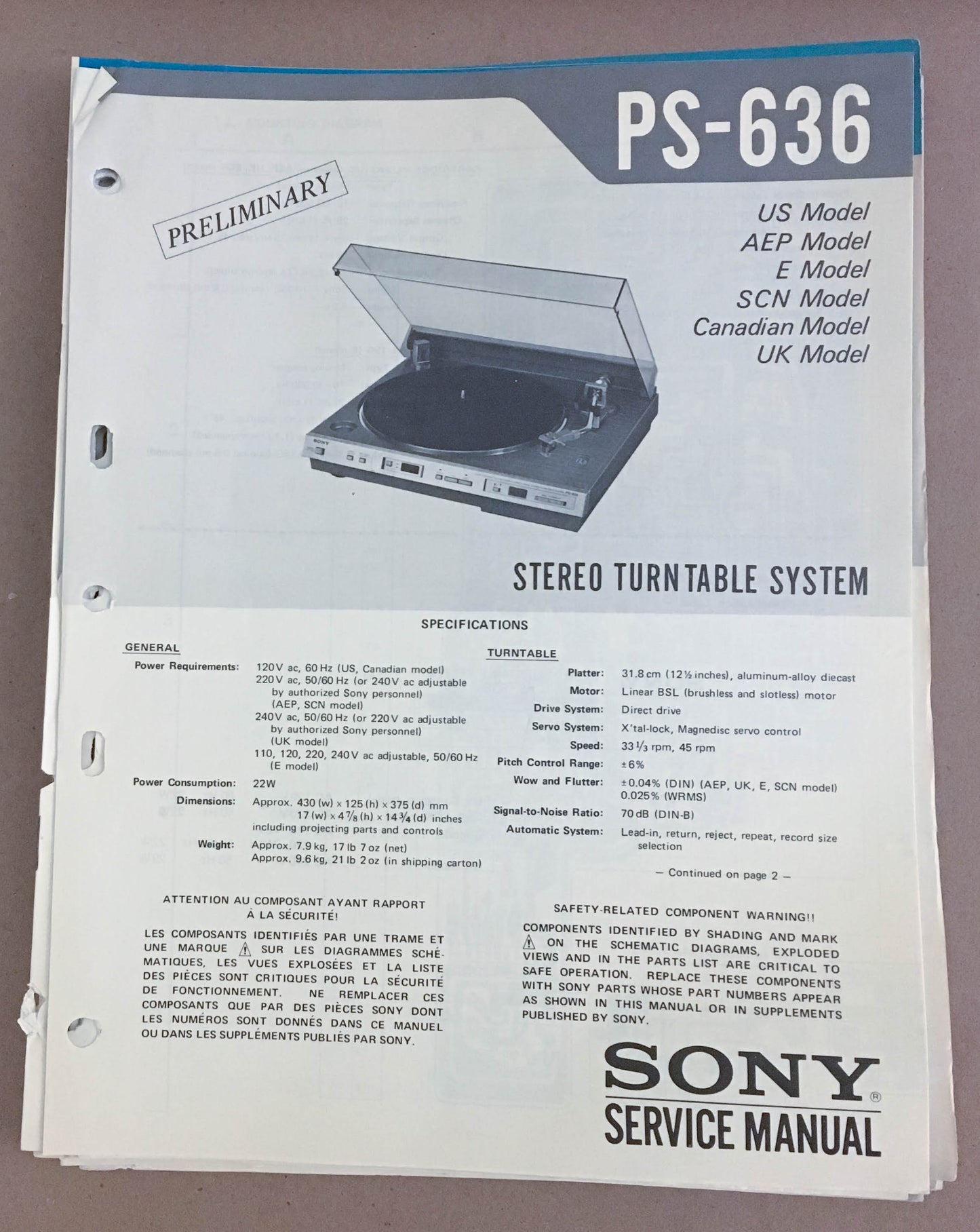 Sony PS-636 Turntable Record Player  PRELIMINARY Service Manual *Original*