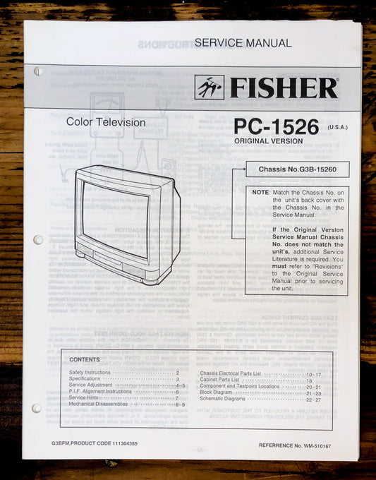 Fisher PT-1526 TV  Service Manual *Original*