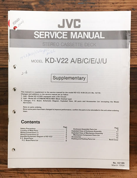 JVC KD-V22 Cassette  Supplementary Service Manual *Original*