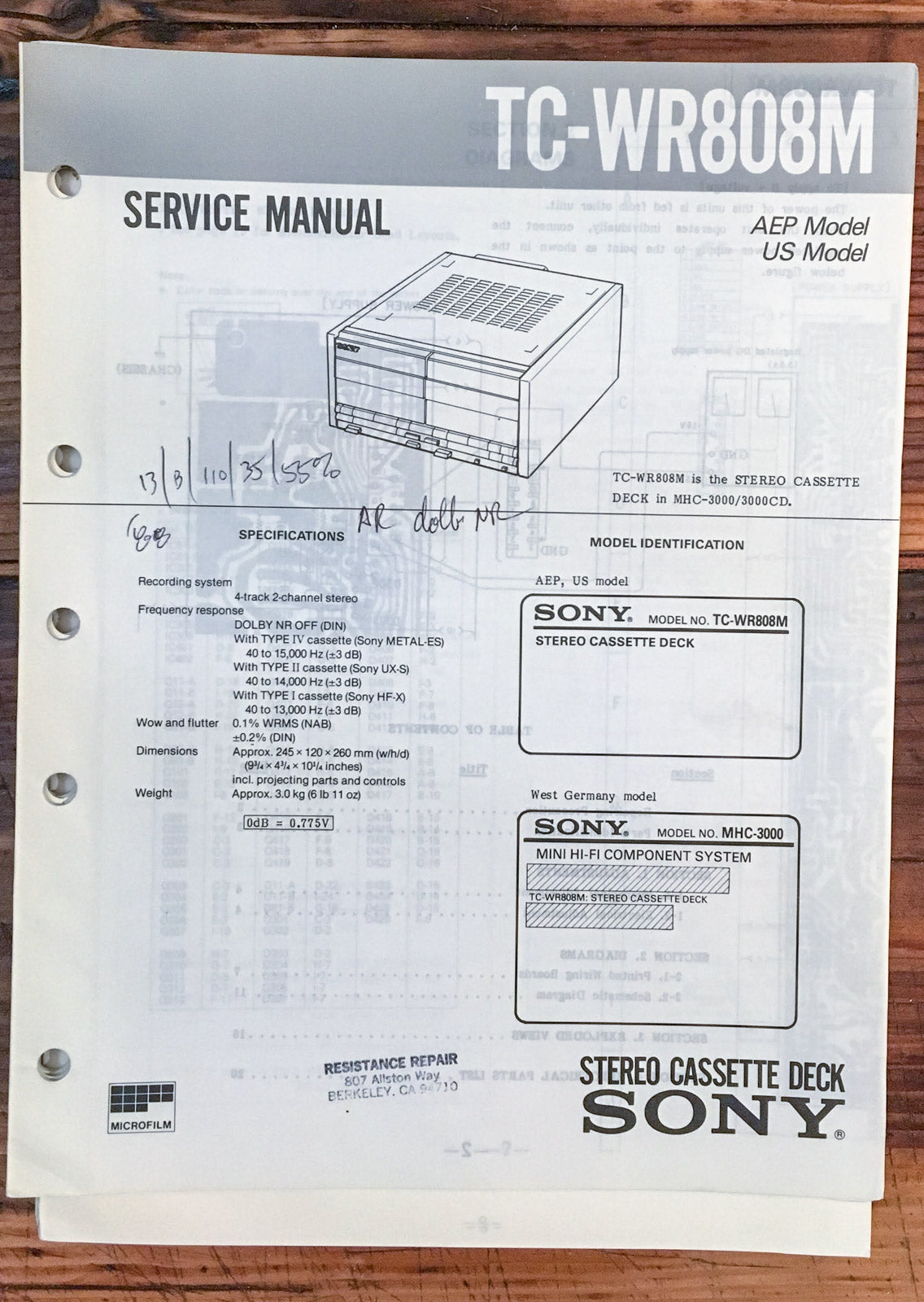 Sony TC-WR808M Cassette Player  Service Manual *Original*