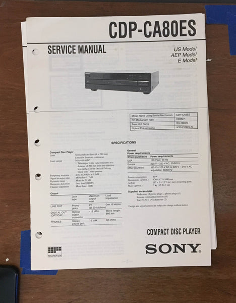 Sony CDP-CA80ES CD Player Service Manual *Original*