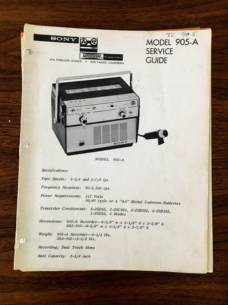 Sony Model 905-A / TC-905A Reel to Reel Service Manual *Original*