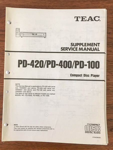 Teac PD-420 PD-400 PD-100 CD PLAYER Service Manual SUPPLEMENT *Original*