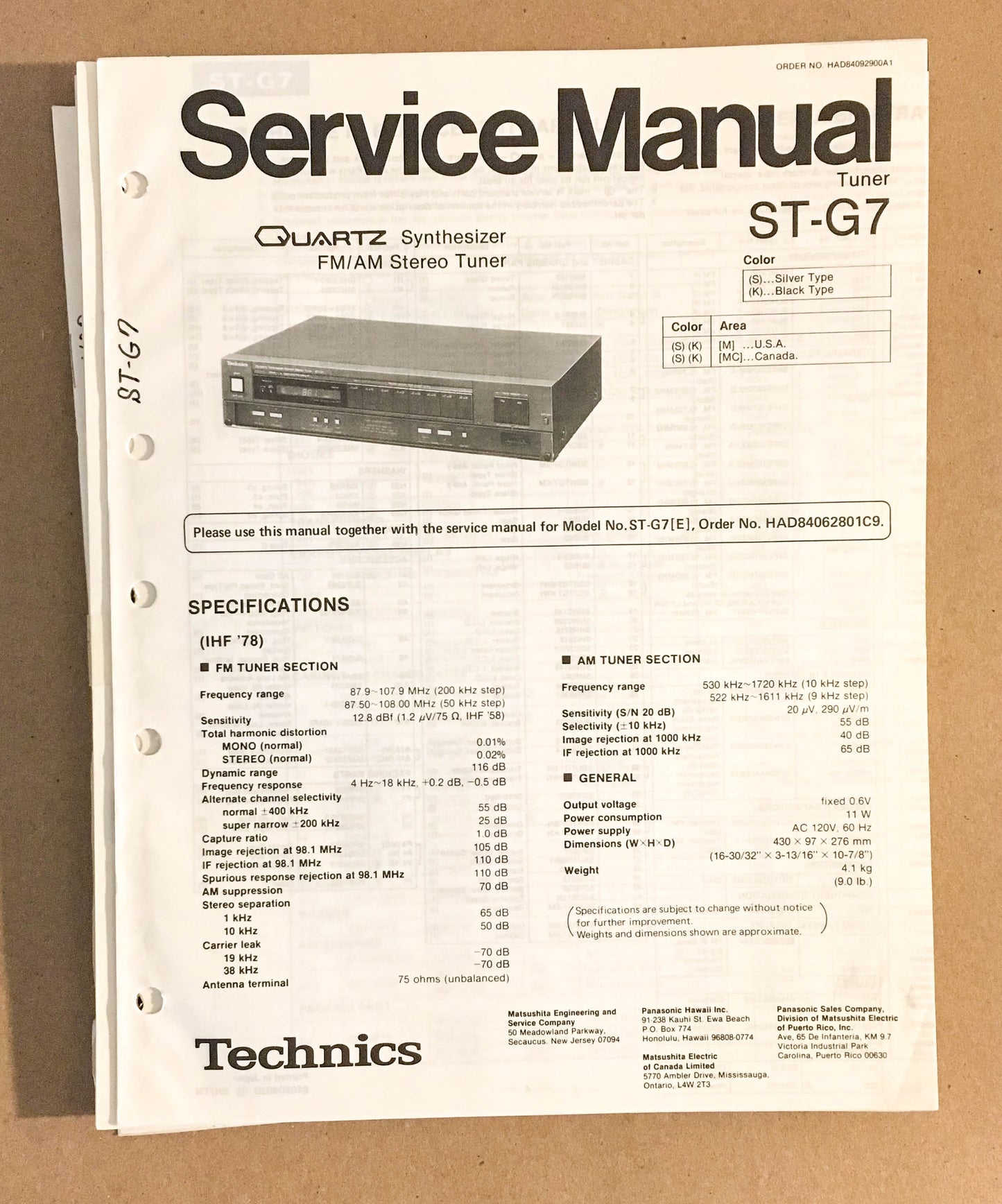 TECHNICS ST-G7 TUNER  Service Manual *Original*