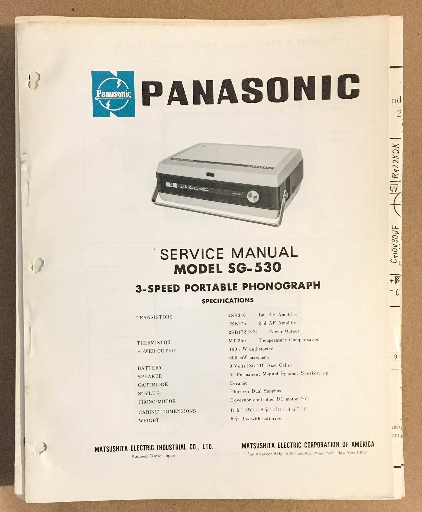 Panasonic SG-530 Radio / Record Player   Service Manual *Original*