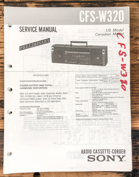 Sony CFS-W320 Radio / Boombox Prelim. Service Manual *Original*