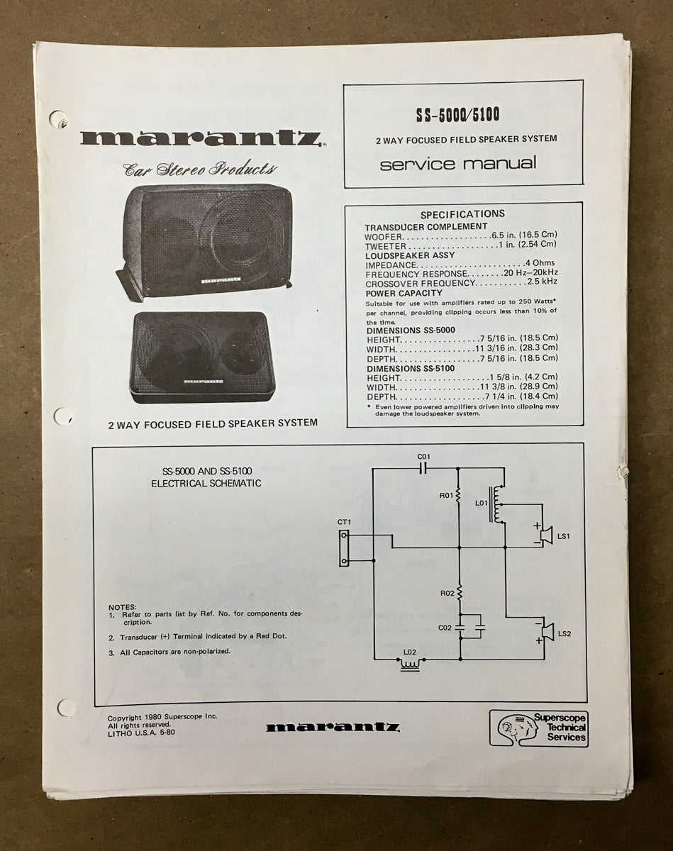 Marantz SS-5000 SS-5100 Speaker Service Manual *Original*