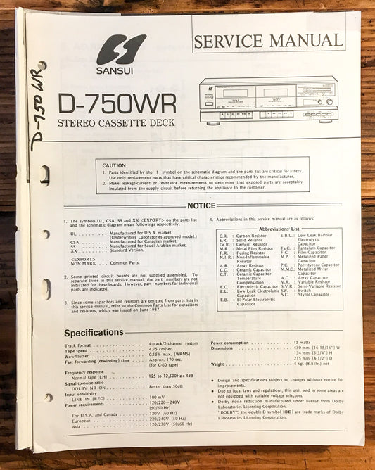 Sansui D-750WR Cassette  Service Manual *Original*