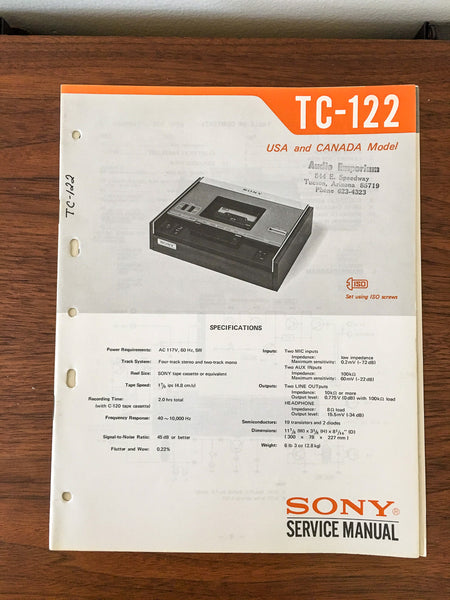 Sony TC-122 Tape Recorder Service Manual *Original*