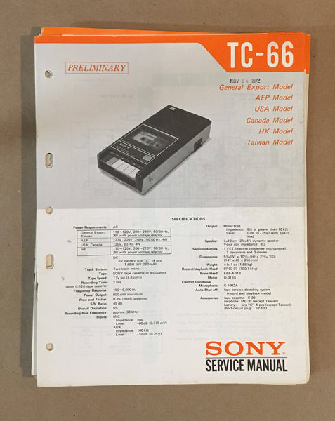 Sony TC-66 Tape Recorder Prelim. Service Manual *Original*