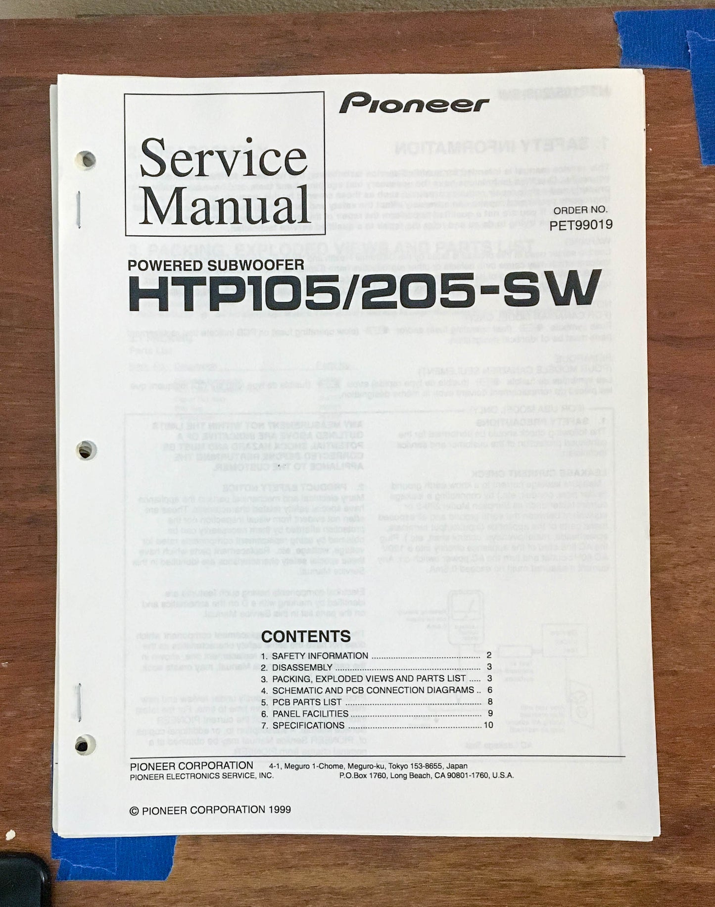 Pioneer HTP105-SW HTP205-SW Subwoofer Service Manual *Original*