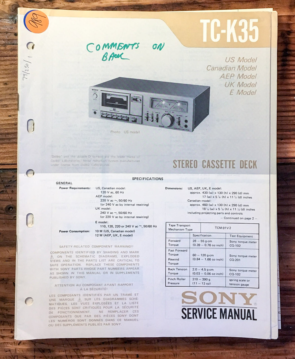 Sony TC-K35 Cassette Deck  Service Manual *Original*
