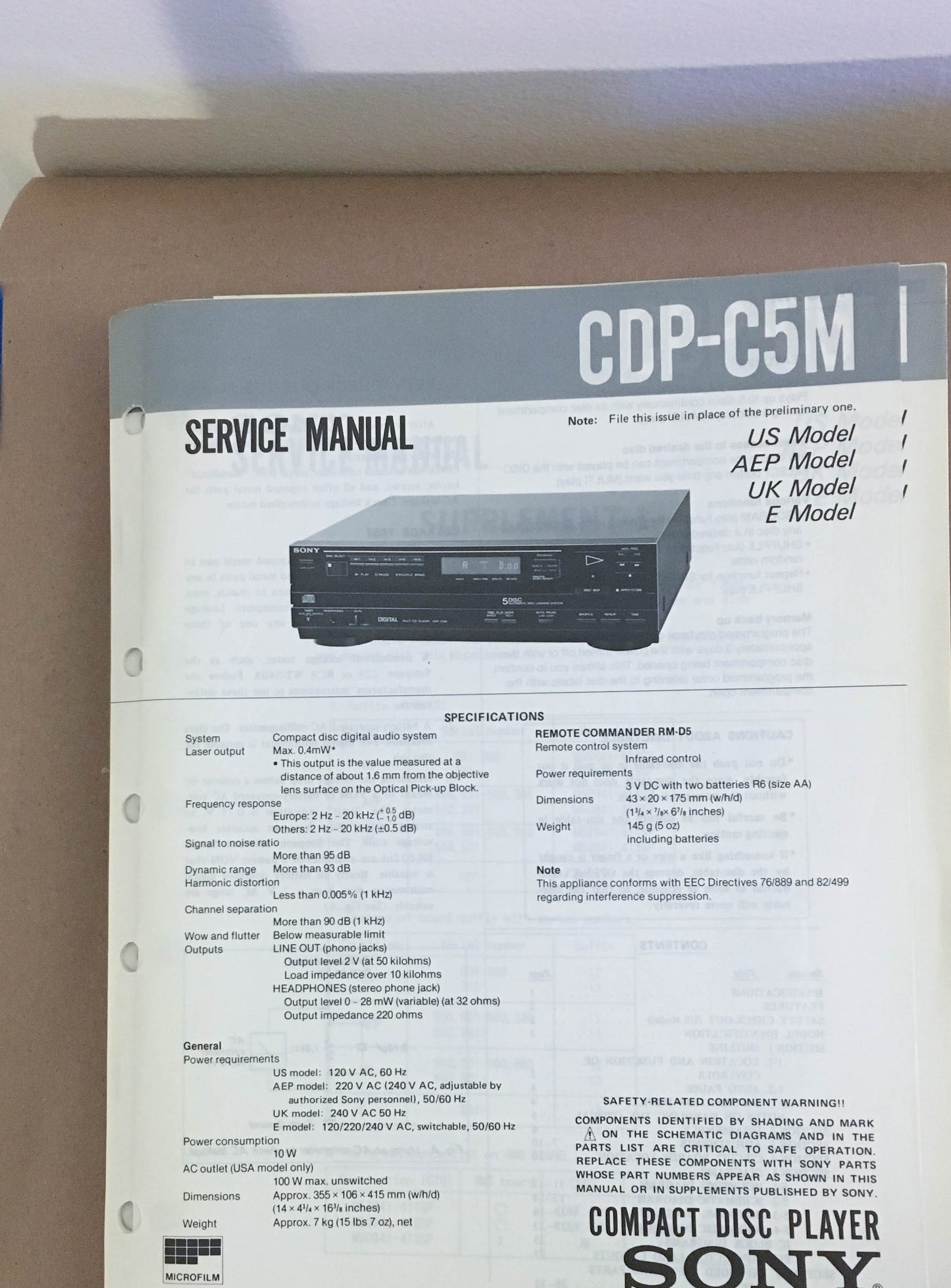 Sony CDP-C5M  CD Player Service Manual *Original*