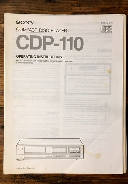 Sony CDP-110 CD Player User / Owner Manual *Original*