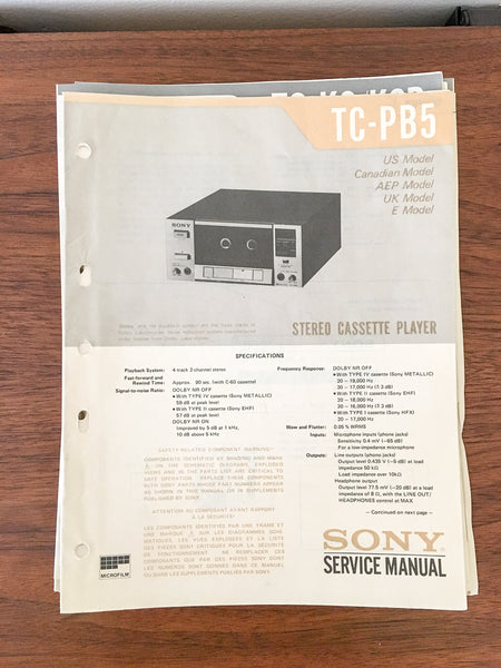 Sony TC-PB5 Cassette Service Manual *Original*