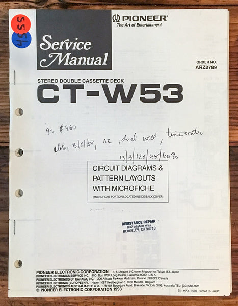 Pioneer CT-W53 Cassette Deck  Service Manual *Original*