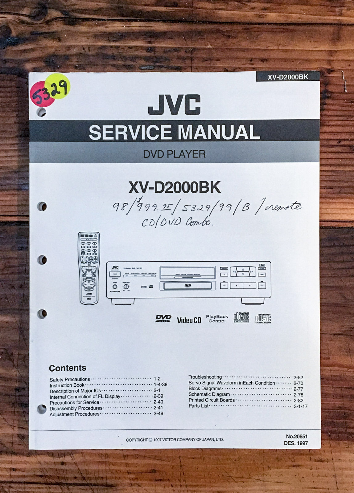 JVC XV-D2000 BK D2000BK DVD Player  Service Manual *Original*