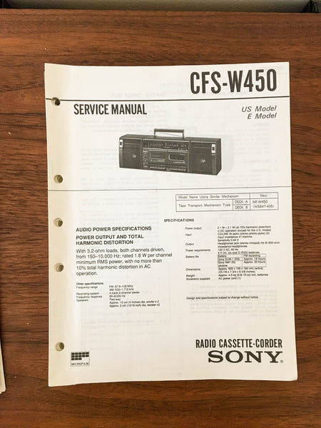 Sony CFS-W450 Boombox / Radio Service Manual *Original*