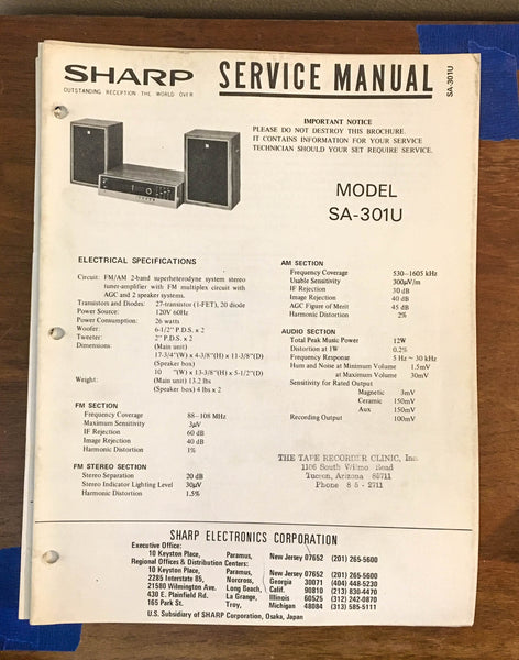 Sharp SA-301U Stereo System Service Manual *Original*