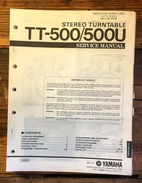 Yamaha TT-500 TT-500U Record Player / Turntable Service Manual *Original*