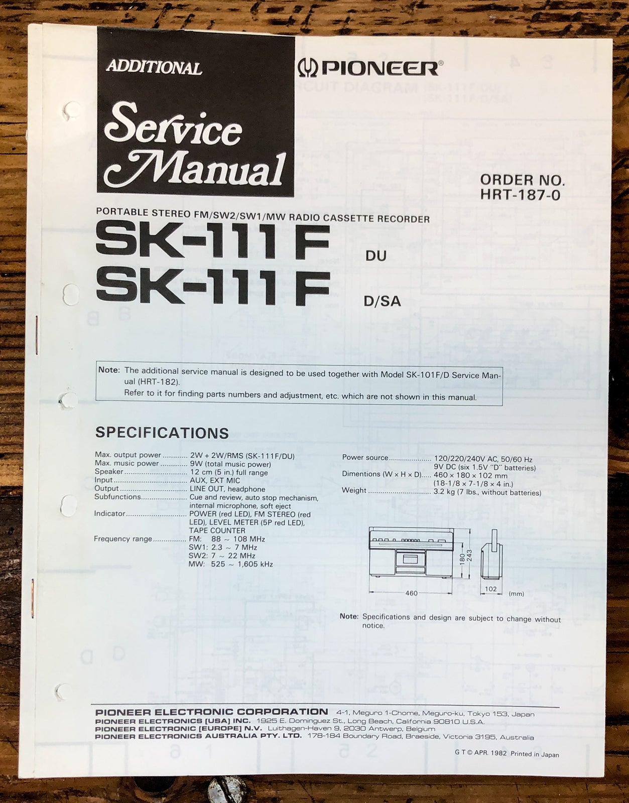 Pioneer SK-111F Radio Add. Service Manual *Original*