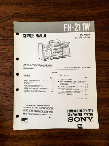 Sony FH-211W Component Stereo Service Manual *Original*