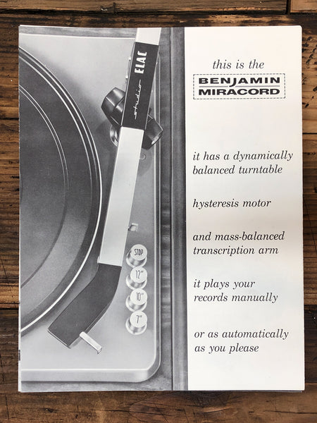 Benjamin Miracord Model 10H Record Player / Turntable Dealer Brochure *Orig*