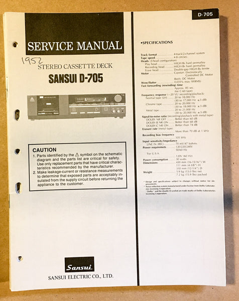 Sansui D-705 Cassette / Tape Player Service Manual *Original*