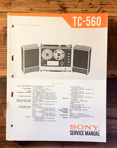 Sony TC-560 Reel to Reel Service Manual *Original* #2