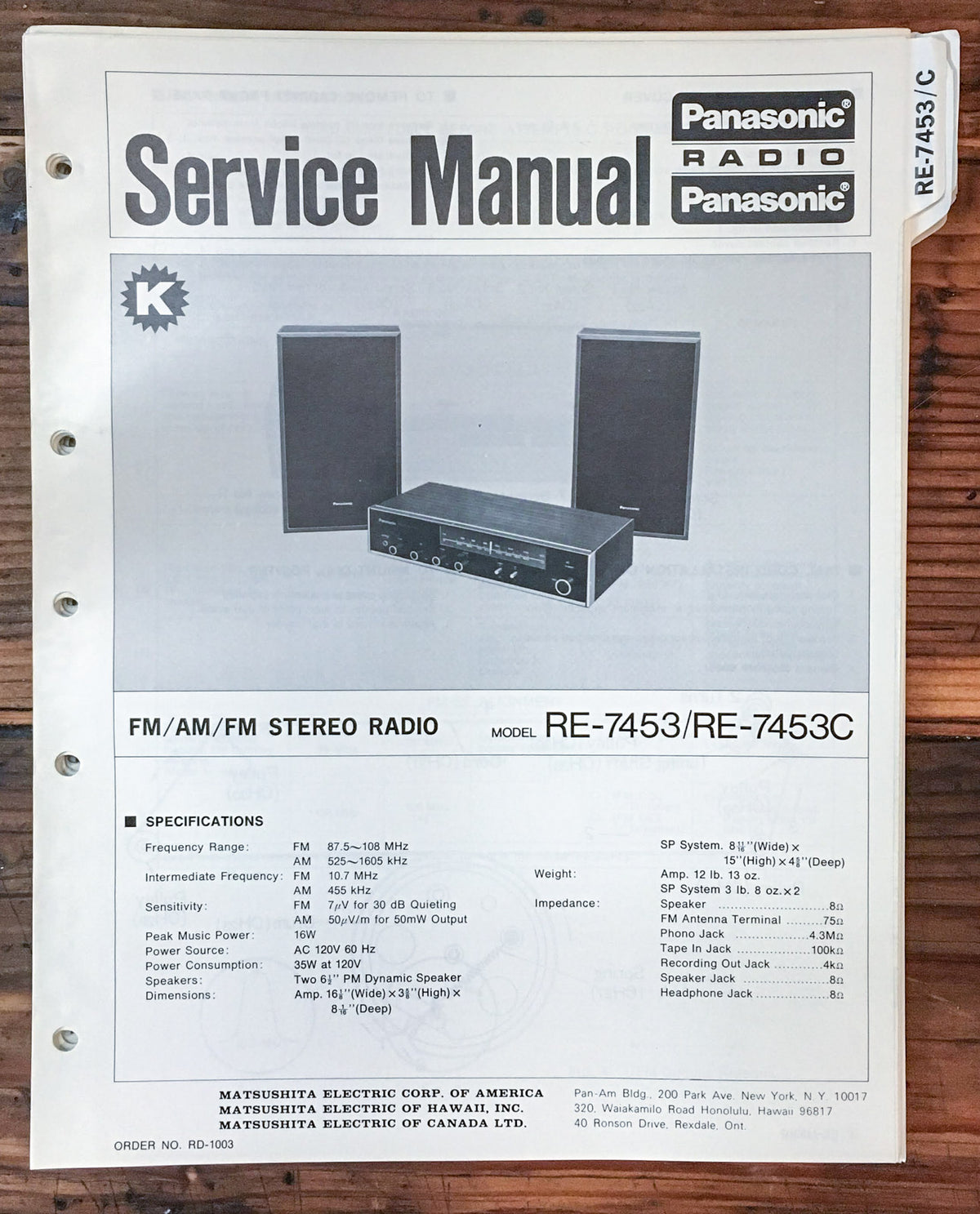 Panasonic RE-7453 RE-7453C Radio  Service Manual *Original*