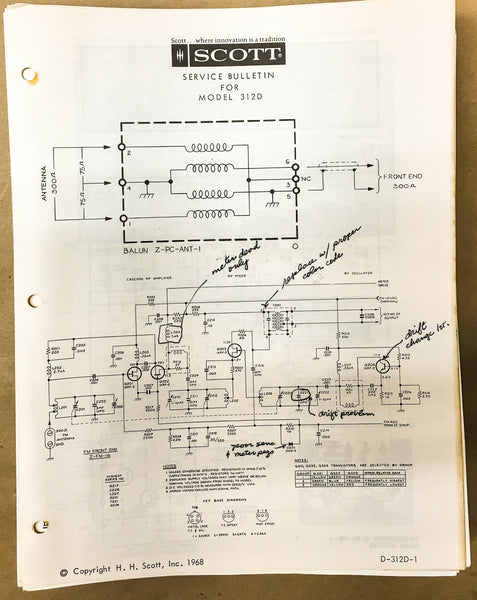 H.H. Scott Model 312D / 312-D Tuner Service Bulletin *Original* #1