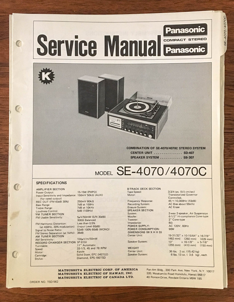 Panasonic SE-4070 SE-4070C Stereo Service Manual *Original* – Vintage ...