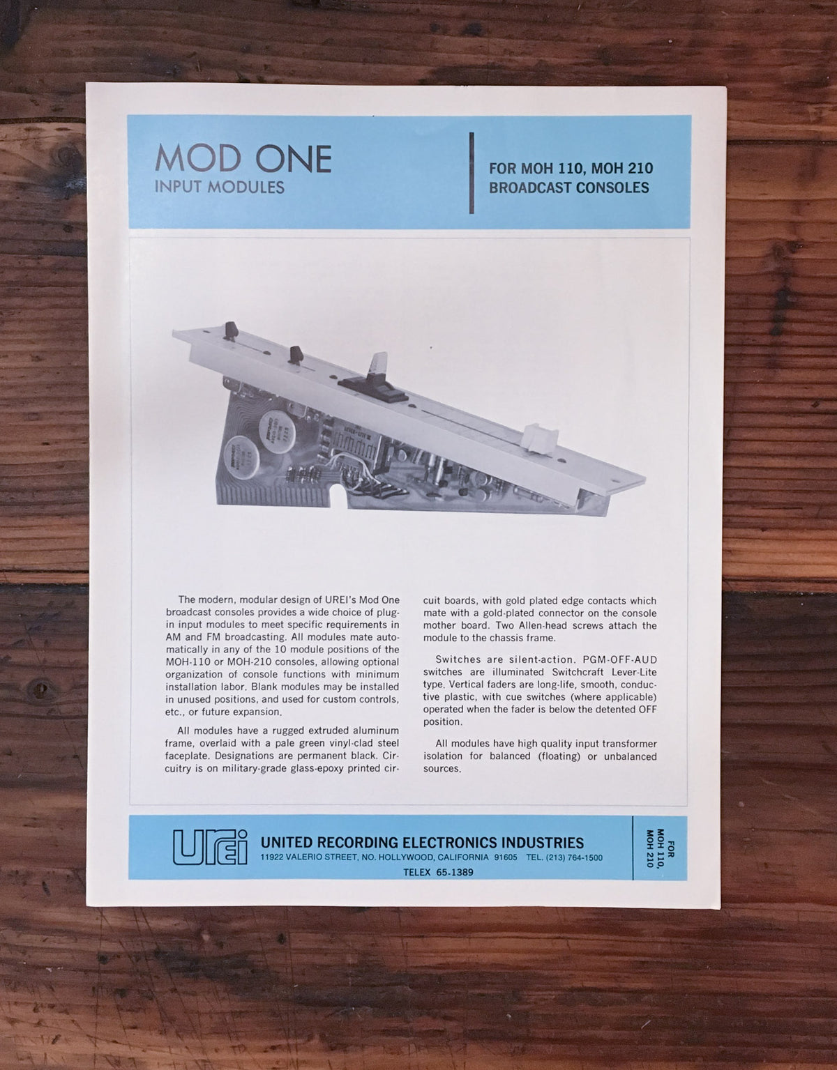 Urei Model MOD ONE Input Modules  Dealer Spec Sheet *Original*