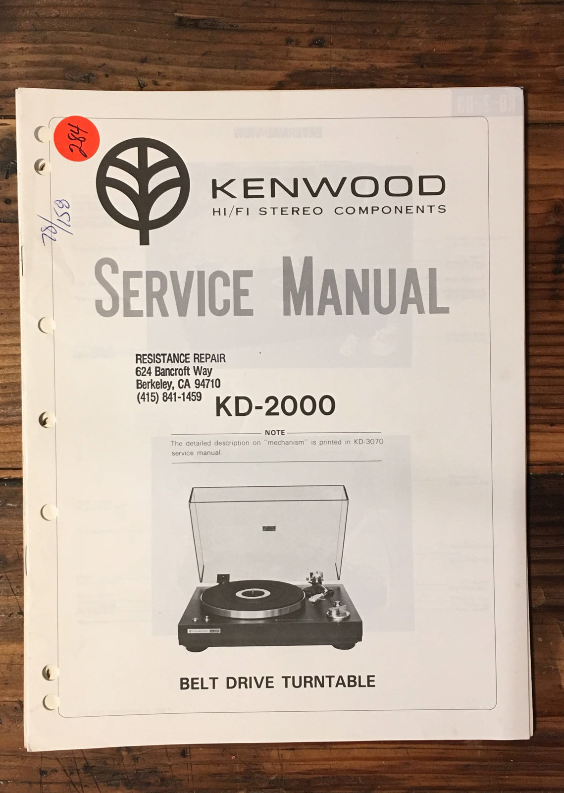 Kenwood KD-2000 Record Player / Turntable  Service Manual *Original*
