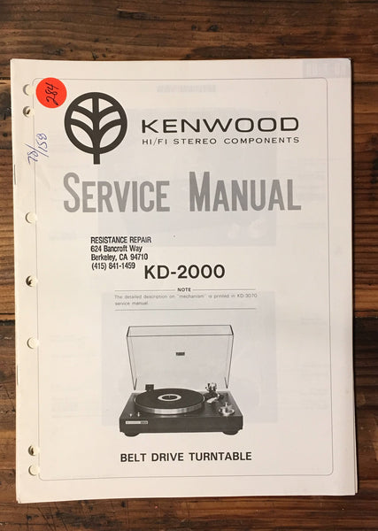 Kenwood KD-2000 Record Player / Turntable Service Manual *Original*