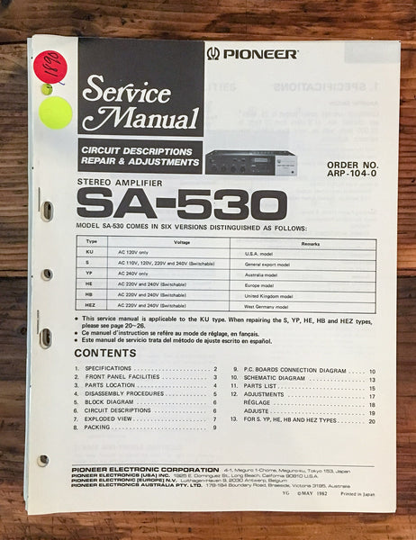 Pioneer SA-530 Amplifier  Service Manual *Original*