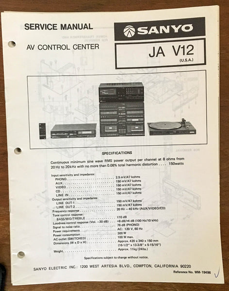 Sanyo JA V12 AV Control Center Service Manual *Original*