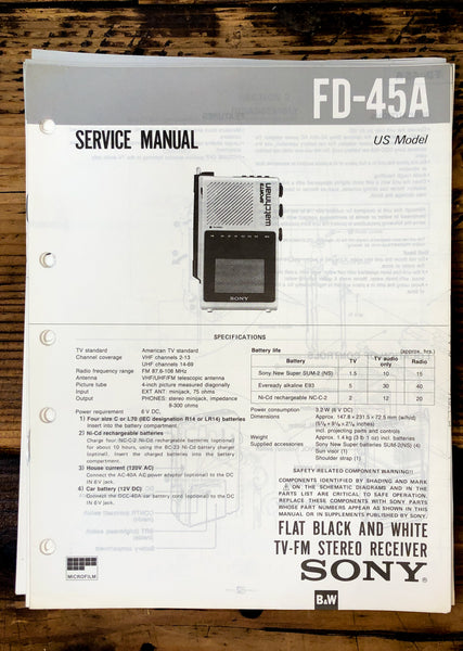 Sony FD-45A Watchman TV  Service Manual *Original*