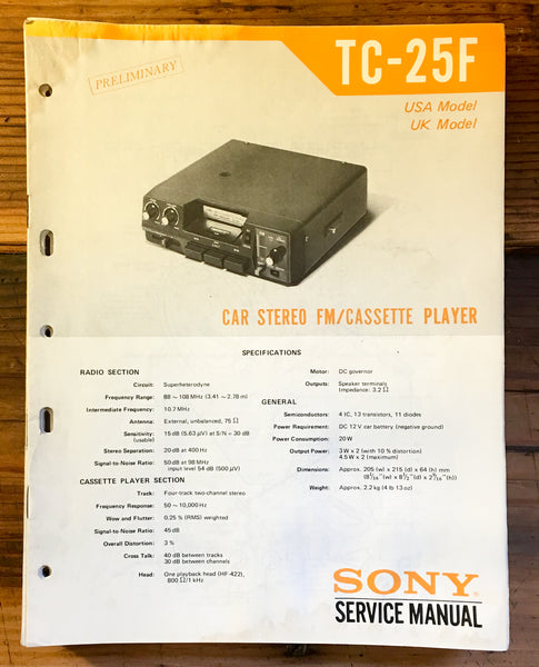 Sony TC-25F Car Stereo Prelim. Service Manual *Original*