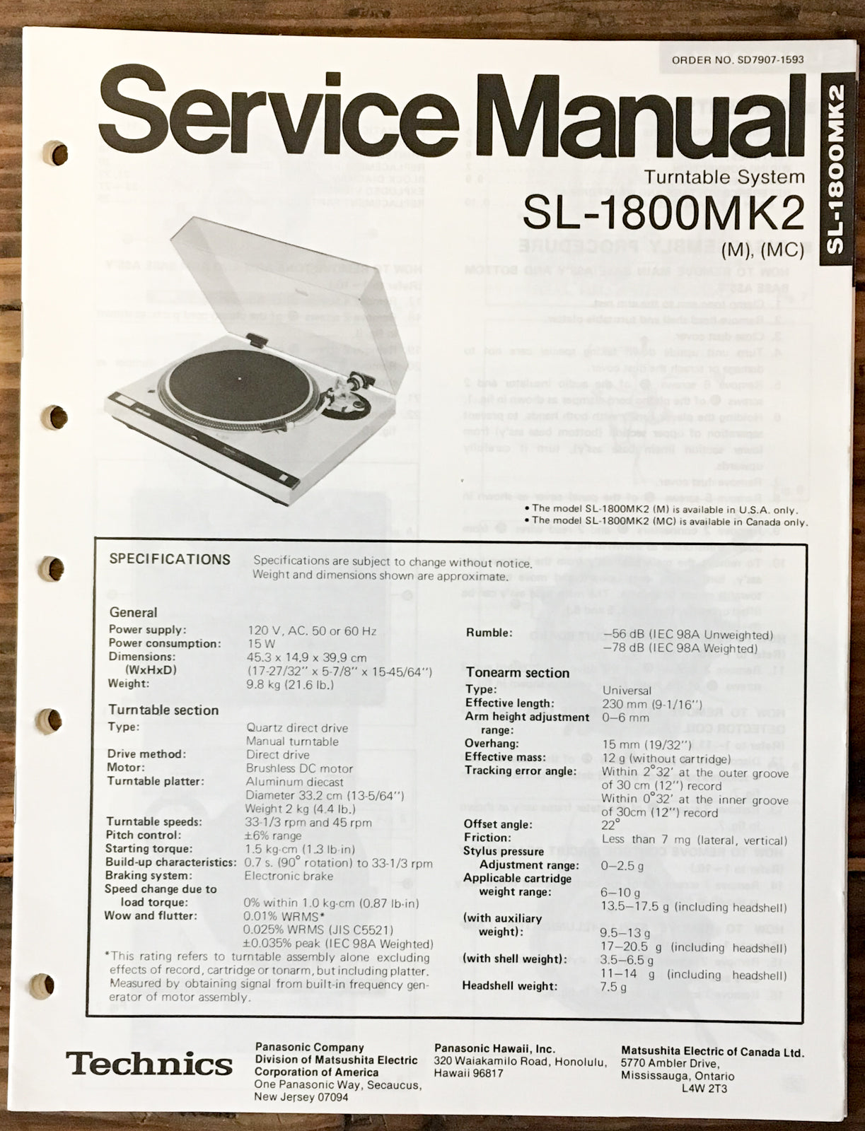 Technics SL-1800 MK2 Record Player / Turntable Service Manual *Original*
